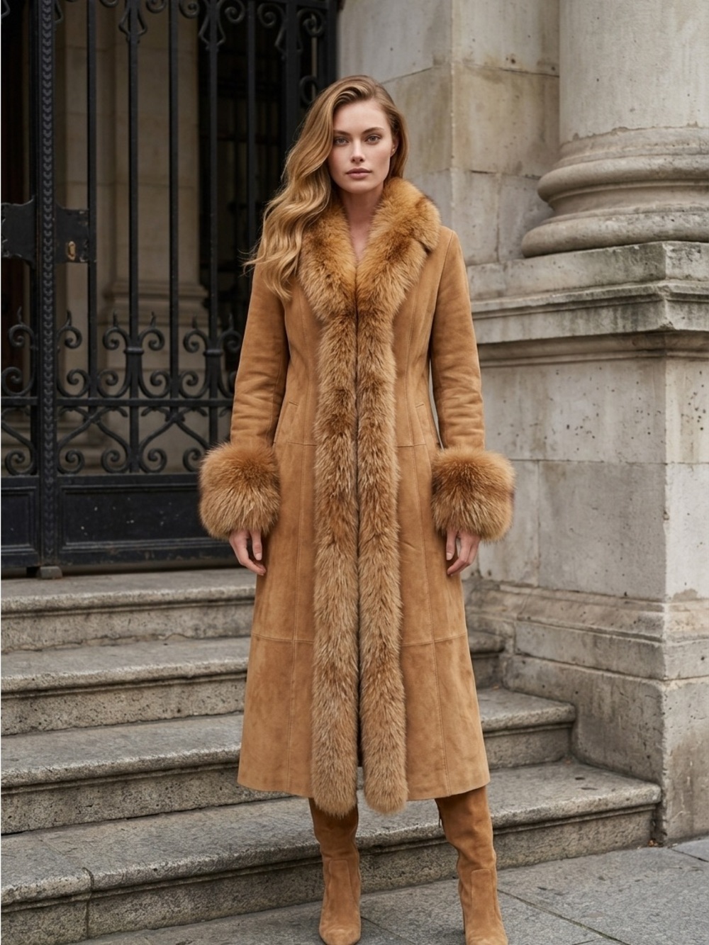 Classic Tan Suede Trench Coat with fox Fur Trim